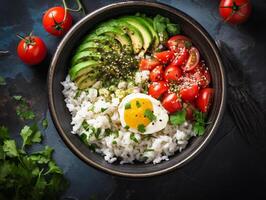 AI generated Salmon poke bowl avocado cherry egg and rice on dark background with chopsticks photo