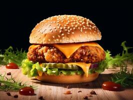 AI generated Food for fast food in form of delicious hot homemade burger with meat cutlet and vegetables photo