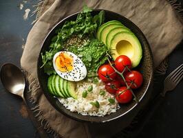 AI generated Salmon poke bowl avocado cherry egg and rice on dark background with chopsticks photo