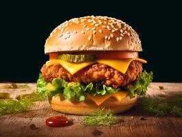 AI generated Food for fast food in form of delicious hot homemade burger with meat cutlet and vegetables photo