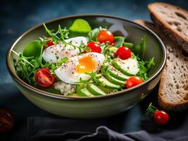 AI generated Fried egg with fresh vegetables and bread on concrete green background. photo