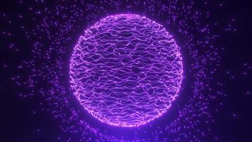 Abstract purple sphere made from waves rotating against a background of glowing particles. Neon digital orb fantasy magician shiny fractal energy turning technology animation. 4k 60 fps video loop