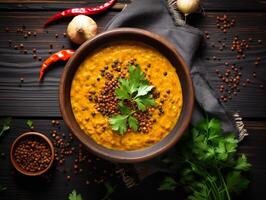 AI generated Traditional indian soup lentils. indian dhal spicy curry in bowl, spices, herbs, rustic black wooden table photo