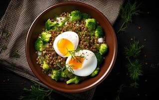 AI generated Brunch or lunch plate with oatmeal chicken meatloaf cucumber and green herbs health food top view overhead photo