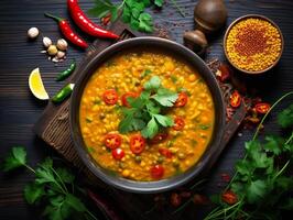 AI generated Traditional indian soup lentils. indian dhal spicy curry in bowl, spices, herbs, rustic black wooden table photo