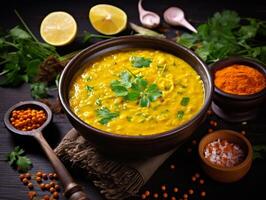 ai generado tradicional indio sopa lentejas indio dhal picante curry en bol, especias, hierbas, rústico negro de madera mesa foto
