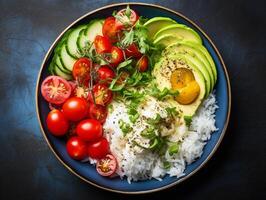 ai generado salmón dar un toque cuenco aguacate Cereza huevo y arroz en oscuro antecedentes con palillos foto