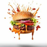 ai generado comida para rápido comida en formar de delicioso caliente hecho en casa hamburguesa con carne chuleta y vegetales foto