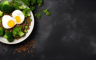 AI generated Brunch or lunch plate with oatmeal chicken meatloaf cucumber and green herbs health food top view overhead photo