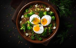 AI generated Brunch or lunch plate with oatmeal chicken meatloaf cucumber and green herbs health food top view overhead photo