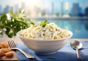 AI generated Top view fettucine with alfredo sauce on white background photo