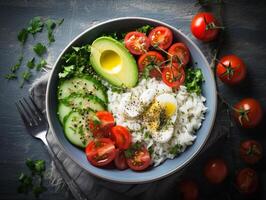 AI generated Salmon poke bowl avocado cherry egg and rice on dark background with chopsticks photo