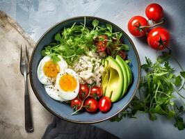 AI generated Salmon poke bowl avocado cherry egg and rice on dark background with chopsticks photo