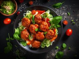 AI generated Penne pasta with meatballs in tomato sauce in a white bowl photo