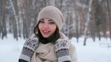 ritratto di un' giovane bellissimo ragazza a piedi nel il inverno foresta chi è guardare a il telecamera e sorridente video