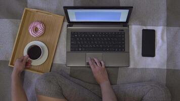 overhead schot, creatief meisje werken gebruik makend van een donker kleur laptop zittend Aan de bed Bij huis en drankjes een koffie met donut video