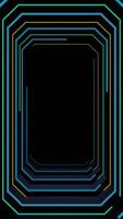 Dark vertical tunnel formed by blue, green and yellow lines that move along the walls of the tunnel. Loop sequence. 3D Animation video