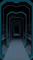 Dark vertical tunnel with blue lines moving along the tunnel walls and reflective floor. Loop sequence. 3D Animation video