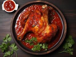 AI generated Grilled chicken drumsticks or legs or roasted bbq with spices and tomato salsa sauce on a black plate. top view with copy photo