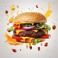 AI generated Food for fast food in form of delicious hot homemade burger with meat cutlet and vegetables photo