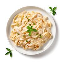 AI generated Top view fettucine with alfredo sauce on white background photo