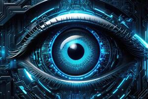 AI generated Biometric Cybernetic eye AI Artificial Intelligence scan and network by AI Generative photo