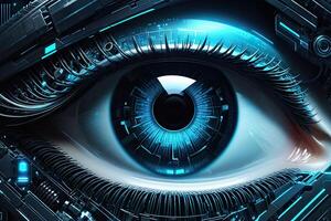 AI generated Biometric Cybernetic eye AI Artificial Intelligence scan and network by AI Generative photo