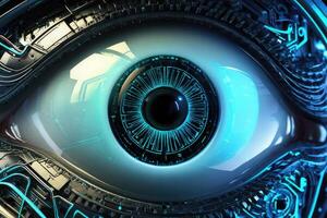 AI generated Biometric Cybernetic eye AI Artificial Intelligence scan and network by AI Generative photo