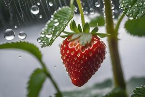 AI generated Close-up Strawberry after rain in garden by AI Generative photo