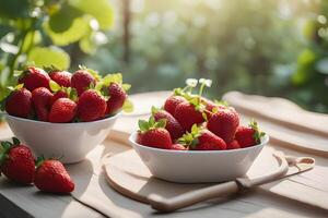 AI generated Sunlit bowl of fresh strawberries on outside table by AI Generative photo