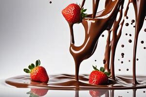 AI generated a strawberry is falling into a chocolate milk liquid, chocolate milk bath photography by AI Generative photo