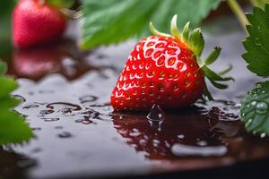 ai generado de cerca fresa después lluvia en jardín por ai generativo foto