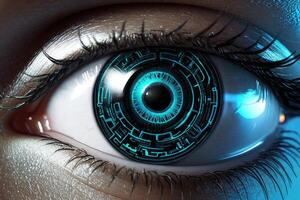 AI generated Biometric Cybernetic eye AI Artificial Intelligence scan and network by AI Generative photo