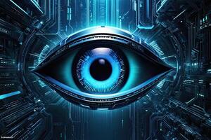 AI generated Biometric Cybernetic eye AI Artificial Intelligence scan and network by AI Generative photo