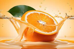 AI generated Orange milk with splashes, Vitamin rich juices and yogurts for health by AI Generative photo