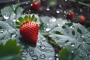 AI generated Close-up Strawberry after rain in garden by AI Generative photo