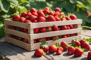 AI generated Pile of Fresh Strawberries in a Wooden Crate by AI Generative photo