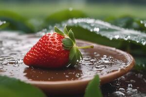 AI generated Close-up Strawberry after rain in garden by AI Generative photo