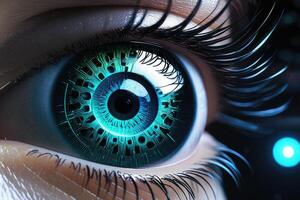 AI generated Biometric Cybernetic eye AI Artificial Intelligence scan and network by AI Generative photo