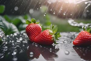 AI generated Close-up Strawberry after rain in garden by AI Generative photo