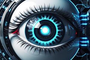 AI generated Biometric Cybernetic eye AI Artificial Intelligence scan and network by AI Generative photo