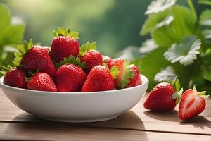 AI generated Sunlit bowl of fresh strawberries on outside table by AI Generative photo