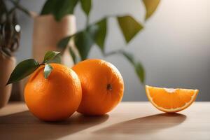 AI generated Orange with cut in half and green leaves isolated on table wood background by AI Generative photo