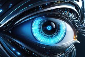 AI generated Biometric Cybernetic eye AI Artificial Intelligence scan and network by AI Generative photo