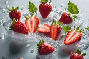 ai generado fresas flotante en espumoso agua por ai generativo foto