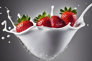 AI generated a strawberry is falling into a milk liquid, milk bath photography by AI Generative photo