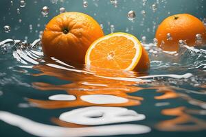 AI generated Orange with cut in half Floating in water by AI Generative photo