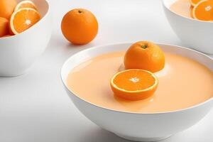 AI generated Orange milk with splashes, Vitamin rich juices and yogurts for health by AI Generative photo