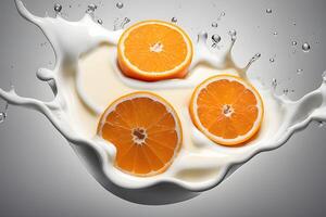 Orange fruit Floating in milk, yoghurt, sour cream, Splash photo