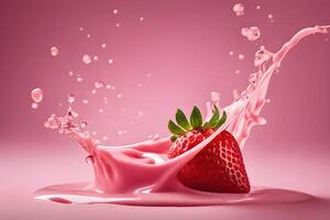 AI generated a strawberry is falling into a strawberry milk liquid, strawberry milk bath photography by AI Generative photo